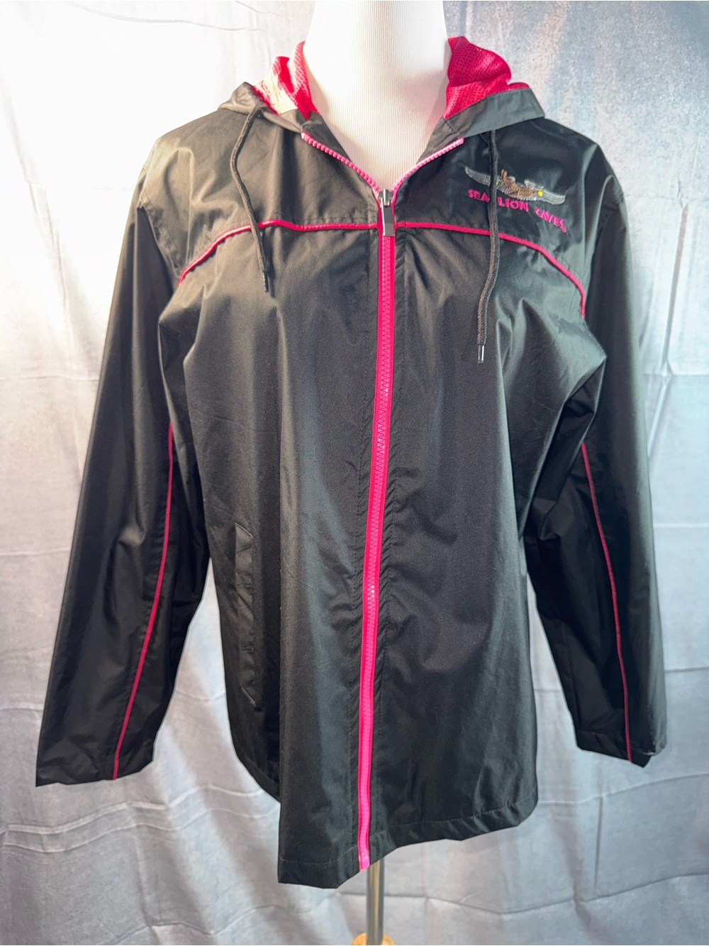 9A-Sea Lion Cave Women’s Black Utility Jacket with Pink Trim and Hood